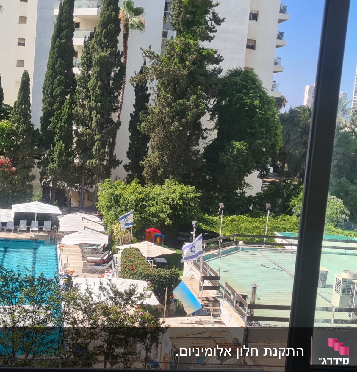 חלון אלומיניום עם נוף לבריכה ועצים